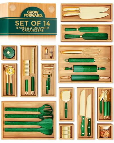 Grow Forward Bamboo Drawer Organizer Boxes - Set of 14 Wooden Drawer Organizers for Kitchen, Bathroom, Office, Desk, Vanity, Makeup - Non-Slip Junk Drawer Organizer Trays for Storage and Organization - size: 14-Piece