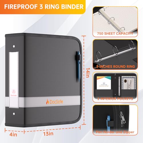 DocSafe 3 Ring Binder with Zipper,Fireproof 3 Inch Round Ring Binder with 2 Interior Pockets,PVC-Free,Portable School Office Home Safe Storage for Letter Size 8.5'' x 11'' Paper Photos Cards Black - size: 3 Inch