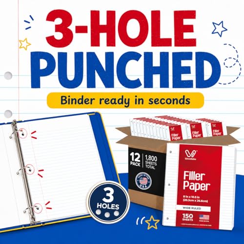 Woodlake Loose Leaf Paper Bulk, Wide Ruled Notebook Paper, 8 x 10.5 Inch Filler Paper, 3-Hole Punched Lined Binder Paper, 60 GSM, 150 Sheets/Pack, 1,800 Sheets Total, Made in USA for School & Office - color: Wide Ruled, size: 12 PACK(1800 SHEETS)
