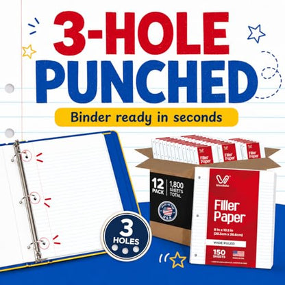 Woodlake Loose Leaf Paper Bulk, Wide Ruled Notebook Paper, 8 x 10.5 Inch Filler Paper, 3-Hole Punched Lined Binder Paper, 60 GSM, 150 Sheets/Pack, 1,800 Sheets Total, Made in USA for School & Office - color: Wide Ruled, size: 12 PACK(1800 SHEETS)