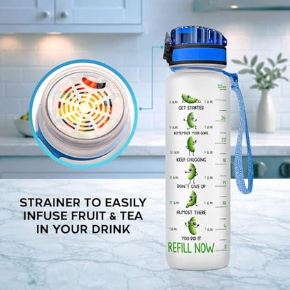 Funny Pickle Motivational Water Bottle 32 oz with Time Marker, Stop Slacking Drink Your Water Daily Hydration Tracker Jug for Women, Men, Adults, Gym, Office - color: Pickle