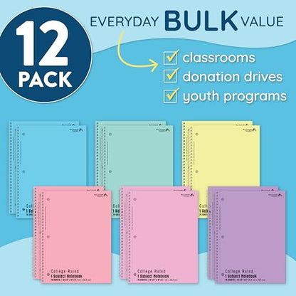 Blue Summit Pastel Spiral Notebook College Ruled, One Subject School Notebooks Spiral, Perforated Notebooks Bulk, 8 x 10.5 School Book, Paper, College Ruled, 12 Pack - size: 12 Pack