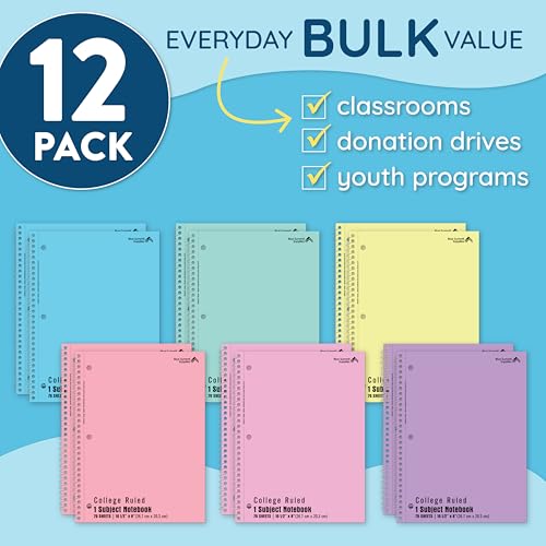 Blue Summit Pastel Spiral Notebook College Ruled, One Subject School Notebooks Spiral, Perforated Notebooks Bulk, 8 x 10.5 School Book, Paper, College Ruled, 12 Pack - size: 12 Pack
