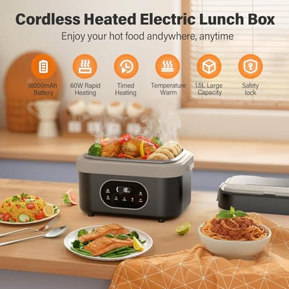 Cordless Electric Lunch Box for Adults: 1.5L Heated Lunch Box for Men Women with Automatic Heating 18000mAh Rechargeable Portable Food Warmer with Bag and Tray Divider for Office Truck Outdoor