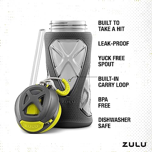 ZULU Torque 16oz Plastic Kids Water Bottle with Silicone Sleeve and Leak-Proof Locking Flip Lid, Soft Touch Carry Loop for School Backpack, Lunchbox, BPA-Free Dishwasher Safe - color: Grey/Green, style: Single