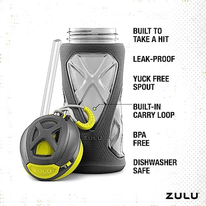 ZULU Torque 16oz Plastic Kids Water Bottle with Silicone Sleeve and Leak-Proof Locking Flip Lid, Soft Touch Carry Loop for School Backpack, Lunchbox, BPA-Free Dishwasher Safe - color: Grey/Green, style: Single