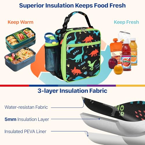 Bagseri Kids Lunch Bag with Shoulder Strap - Insulated School Lunch Box | Easy Carry Handle, Leak Proof, Water Bottle Holder, Roomy Toddler Lunch Box for Snacks, Drinks, Picnics, Trip, Black Dinosaur - color: B Black Dinosaur, size: Crossbody Strap Series