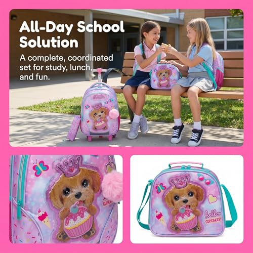 Kids Rolling Backpack for Girls Plush Material Dog Trolley Suitcases Luggage with Wheels Bookbag Wheeled 3pcs on Lunch Box Pencil Case Elementary Teenagers Pink for Girls Age 5-12 - color: Pink-0130-maoronggou