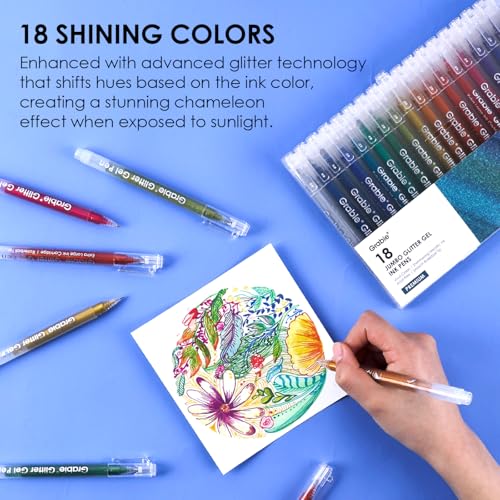 Grabie Jumbo Glitter Gel Pens Set of 18, Metallic Sparkle Gel Ink Pens, Large Capacity Vibrant Glitter Pens for Coloring Books, Drawing, Journaling, Scrapbooking & DIY Crafts, Smooth Writing Art Pens - color: 18 Colors Jumbo Glitter Gel Ink Pens