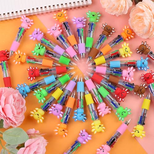 Vellibring 36pcs Fun Pens Axolotl Mini Multicolor Pens in One 4-in-1 Bulk Kawaii Axolotl Cute Writing Stationery for Brithday Gifts Party Favors Supplies Rewards Holiday Gifts - style: Cartoon Axolotl-36pcs