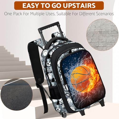 Boys Rolling Backpack for Kids - Basketball Kids Rolling Backpack with Wheels for Elementary Middle School Students - Sport Roller School Bookbag Aged 6-18, Wheeled Travel Bag Large Capacity - color: Basketball-001-backpack Only
