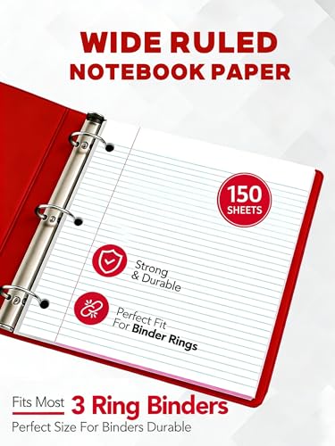 Woodlake Loose Leaf Paper, Wide Ruled Notebook Paper, 8 x 10.5”, 150 Sheets per Pack, 3 Pack Bulk Lined Filler Paper, 3 Hole Punched, 60gsm, Made in USA - color: Wide Ruled, size: 3 PACK(450 SHEETS)