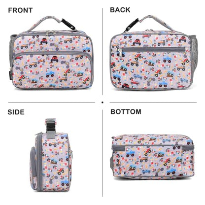 FlowFly Kids Lunch box with buckle Insulated Cooler Back to School Thermal Meal Tote Kit for Girls, Boys, Truck - color: M&Truck