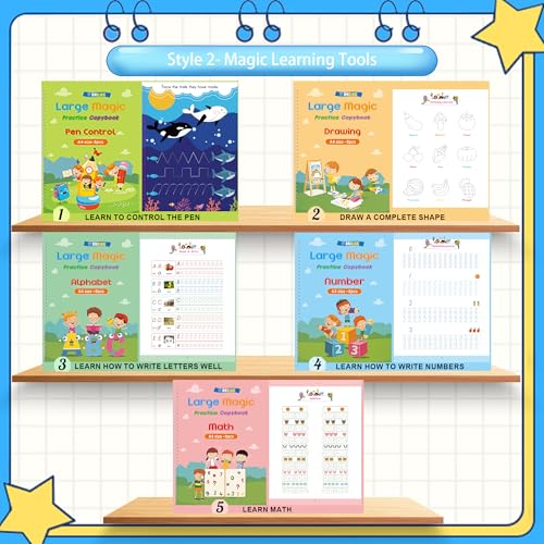Large Handwriting Magic Grooved Practice Copybook Set: 5-Pack with Wooden Alphabet Tracing Board, Reusable Letter Learning Kit for Kid Age 3-8, Ideal for Kindergarten and Preschool Calligraphy Control - style: 5pc+2pen-Pro