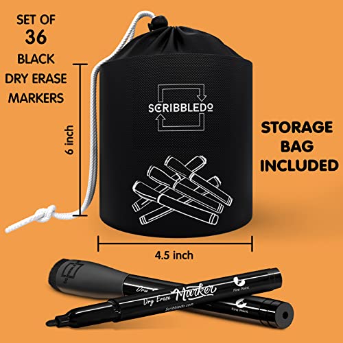 Scribbledo 36-Pack Black Fine Tip Dry Erase Markers with Eraser Cap | Low-Odor Whiteboard Markers for Office, Workplace, Medical & Professional Use