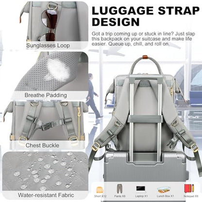 AIJIEKE Lunch Backpack for Women, 15.6 Laptop Backpack, Lunch Box, Gray | Water resistant computer bag with insulated leakproof cooler. Travel meal prep backpack for nurse, teacher, college commute - color: Grey