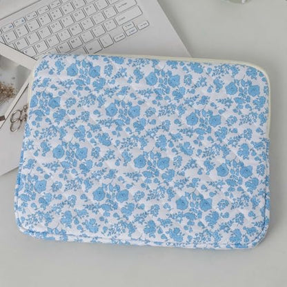 13.3 Inch Laptop Sleeve, Cute Flower Printed Puffy Case, Quilted Floral Protective Cover for Mac-Book Air/Pro, Aesthetic Laptop Carrying Bag - color: Blue-Floral