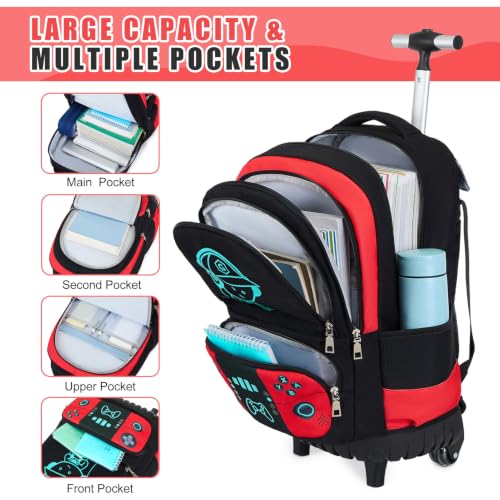 Bevalsa Rolling Backpack for Boys,Cool Luminous Gamer Roller School Backpacks with Lunch Box & Pencil Case,Kids Wheeled Schoolbag Bookbag with Wheels for Kindergarten Elementary School Travel - color: Red