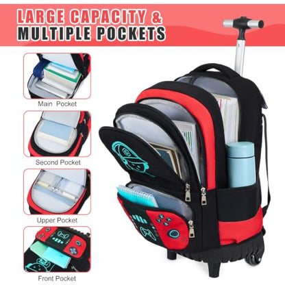 Bevalsa Rolling Backpack for Boys,Cool Luminous Gamer Roller School Backpacks with Lunch Box & Pencil Case,Kids Wheeled Schoolbag Bookbag with Wheels for Kindergarten Elementary School Travel - color: Red