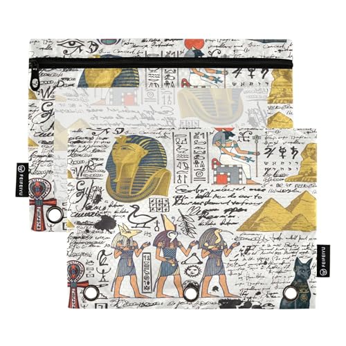 Retro Ancient Egypt Binder Pencil Pouch 3 Ring Clear Pouches with Zipper Pen Organizer for Office College School, 2 Pack - color: Multi-retro Ancient Egypt