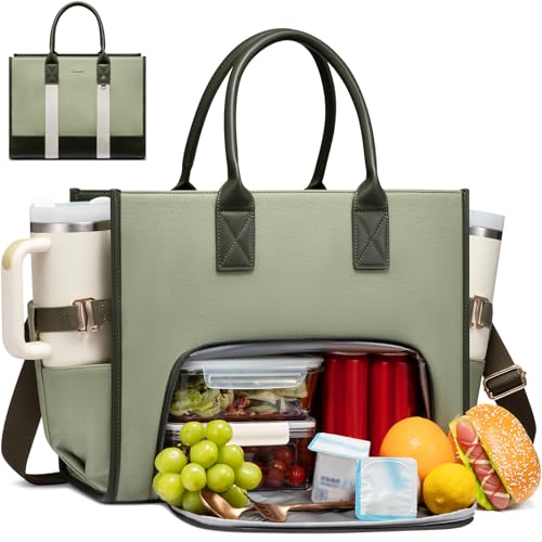 LOVEVOOK Work Tote Bag with Lunch Compartment with Giant Tumbler Holder,17 Inch Waterproof 3 in 1 Lunch Bag Women Men Laptop Bag Purse Tote with Padded Sleeve for Teacher,Nurse,College,Travel,Office - color: Emerald green - Venetian green - Dark patina gr