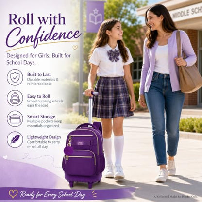 HPJGD 3PCS Girls Rolling Backpack, Womens Dark Purple School Backpacks with Wheels, Water Resistant Roller Kids Wheeled Bookbag Set - color: Classic Dark Purple Rolling Backpack Set