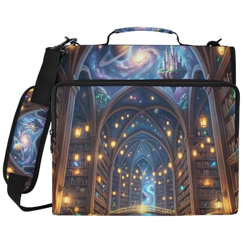 Fantasy Library 2inch 3 Ring Zipper Binder Multi-Pocket Storage Holds 14 Inch Laptop for Students and Office Use - color: Fantasy Library