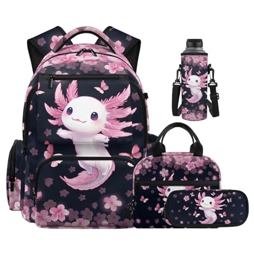 Cherry Blossom Backpack Axolotl Backpack for Girls with Lunch Box Water Bottle Holder and Aesthetic Pencil Case 4PCS Set 4th 5th 6th Grade Cute Bookbag 17 inch Kawaii School Bag for Boys - color: Cherry Blossom Axolotl