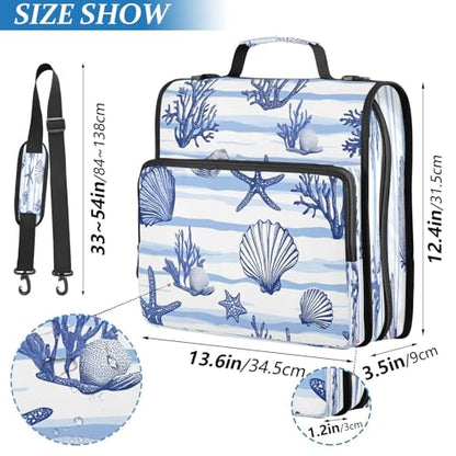 CEBUGI 3 Ring Zipper Binder with Shoulder Strap Multi-Pocket Portfolio Binder 1.5-inch D-Rings Expanding File Folder for School Office Blue Seashells