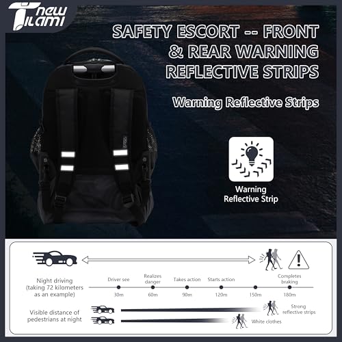 NEW TILAMI 18-Inch 6-Wheel Rolling Backpack for Kids, Black | Height-Adjustable Trolley Handle Padded Back Panel Adjustable Shoulder Straps Multiple Compartments - color: Black