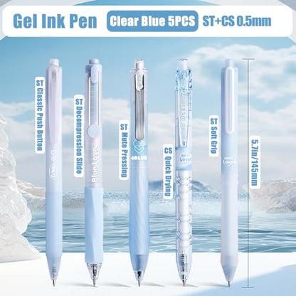 5 Count Pastel Gel Ink Pen Set,Cute Note Taking 0.5mm Fine Point Retractable 5 Count Black Ink Pens for Writing, Journaling, School, Office (Light Blue Clear) - color: Light Blue Clear