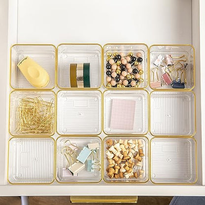 Martha Stewart Kerry Plastic Stackable Office Desk Drawer Organizers, 3" x 3", 12 Pack, with Gold Trim - size: 3" x 3"