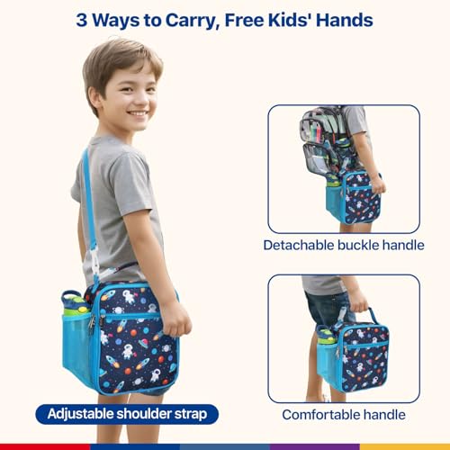 Bagseri Kids Lunch Bag with Shoulder Strap - Insulated Crossbody Boys Lunch Box for School & Travel, Reusable Large Meal Tote with Bottle Holder, Fits Bento Box, Navy Space - color: B Space Astronaut(Blue Trim), size: Crossbody Strap Series