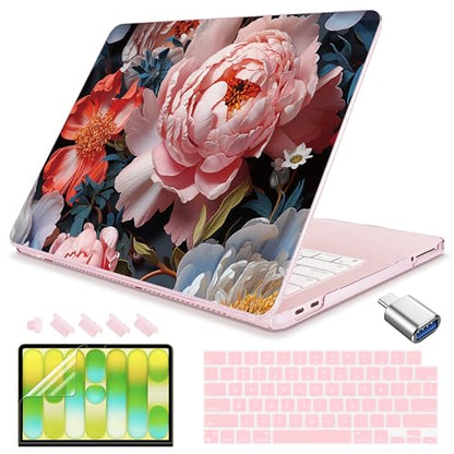 Teryeefi for New MacBook Neo 13 inch 2026 Release Model A3404, Sleek Hard Shell Cover, Keyboard Skin, Screen Protector & USB-C Adapter (Pink Flower W077) - color: Pink Flower W077