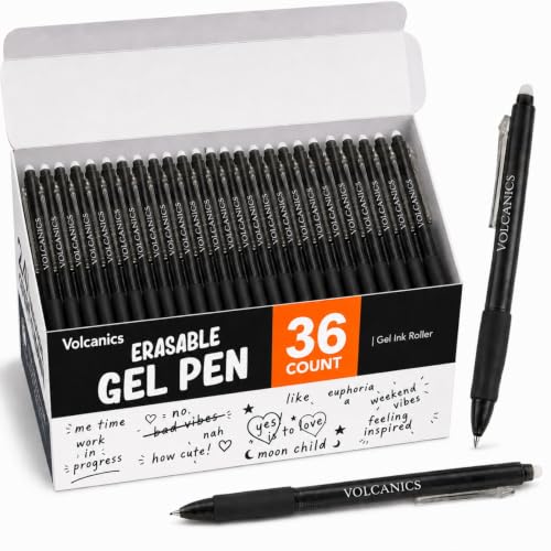 Volcanics Retractable Clicker Erasable Gel Pens - 0.7mm Ball Point, Heat Erase with Built-in Eraser, 36 Pack,Soft Black - color: Black