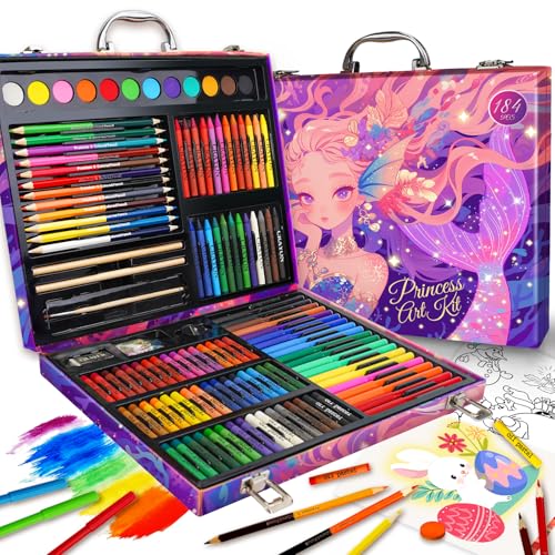 Cokiki Art Supplies,184-Piece Art Sets for Girls Ages 6-12,Purple Princess Christmas Birthday Drawing Art Kit with Colored Pencils,Crayons,Oil Pastels,Watercolor Paint Set for Kids Girls Teens - color: Violet Princess