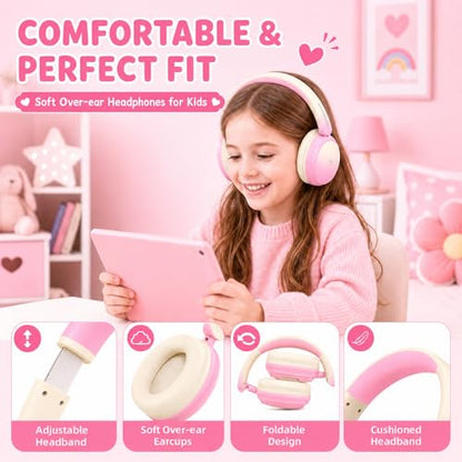 Wireless Headphones for Girls– ANC Active Noise Cancelling, 58H Playtime,Safe Volume Limiter, Foldable Over-Ear Kids Headset with 40mm Drivers for School, Travel & Learning - color: Pink