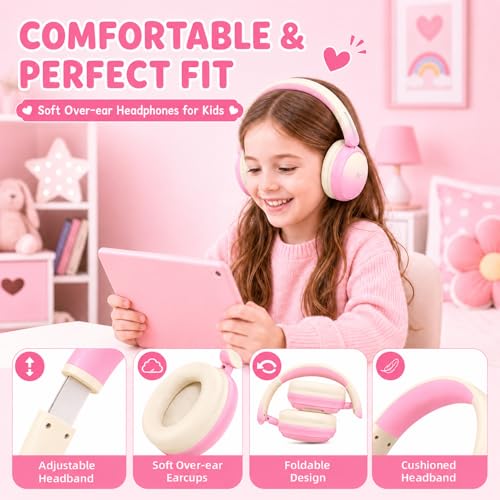 Wireless Headphones for Girls– ANC Active Noise Cancelling, 58H Playtime,Safe Volume Limiter, Foldable Over-Ear Kids Headset with 40mm Drivers for School, Travel & Learning - color: Pink