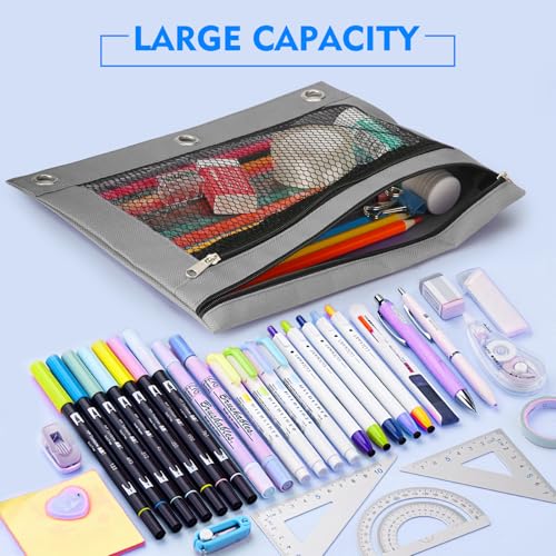 Pencil Pouch for 3 Ring Binder - 3 Pack Zippered Pencil Pouches with Transparent Mesh Window| Binder Pouch with Smooth Zippers| Zippered Pencil Bag for School Office Students, Black+Grey+Pink - color: Black & Grey & Pink