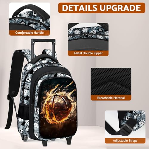 Boys Rolling Backpack for Kids - Basketball Kids Rolling Backpack with Wheels for Elementary Middle School Students - Sport Roller School Bookbag Aged 6-18, Wheeled Travel Bag Large Capacity - color: Basketball-002-backpack Only