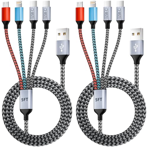 Dual Type-C Ports USB Multi Charging Cable Cord, 4 in 1 Charging Cables for Multiple Devices, Multi Charger Phone Charger Cord with iPhone 17/IP/Micro Port for iPhone 16-12/Android/iPad(5FT 2Pack) - color: Gray & A & 2PCS, size: 2Pack&5FT