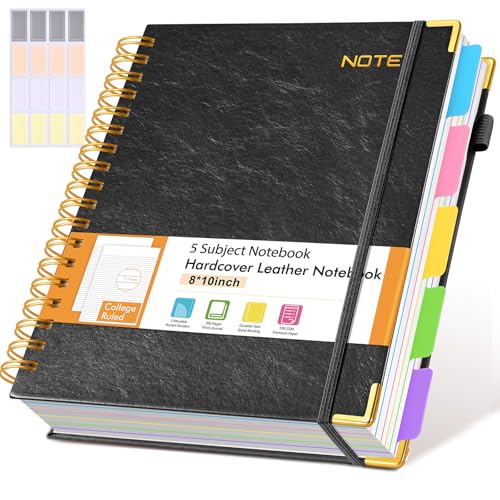 Hardcover Large Spiral Notebook journal with Removable Dividers Tabs, 300 pages Leather 5 Subject Notebook College Ruled, 8" x 10"Journal for Women Men, Notebooks for Work School Note taking,B5 Black - color: Black, size: B5（8" x 10"）