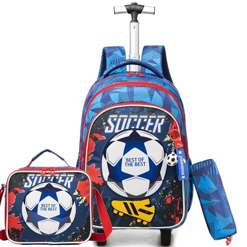 Backpack with Wheels for Kids Boys Rolling Backpack for School Roller Backpacks for Kids Backpacks with Lunch Box Pencil Case for Elementary Back to School Supplies - color: Black Soccer