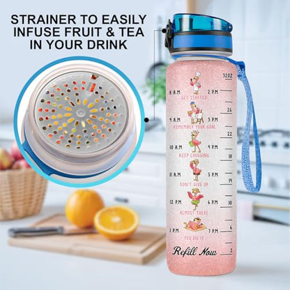 Flamingo Water Bottle 32oz with Time Marker Cute Pink Flamingo Gift Birthday Gift for Women Girls Reusable Daily Motivation Drinking Bottle with Handle and Lid - color: Pink White
