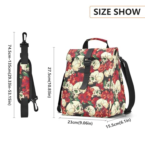 MNSRUU Insulated Lunch Bags Women Men, Skull and Flower Portable Reusable Thermal Meal Tote Cooler Bag Organizer, Adjustable Shoulder Strap, Handle - color: Skulls 007