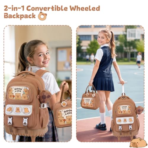 Capybara Rolling Backpack for Girls - 3PCS Girls Backpack Kids Suitcase with Lunch Box & Pencil Case Travel - Capybara Backpack with Wheels for Kindergarten Preschool Elementary (Brown) - color: Brown