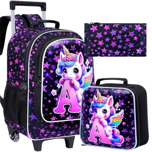 CCJPX 18" Unicorn Rolling Backpack for Girls, 3Pcs Kids Wheeled Bookbag with Lunch Box, Lightweight Roller School Bag for Elementary Preschool (Black) - color: A-star Unicorn