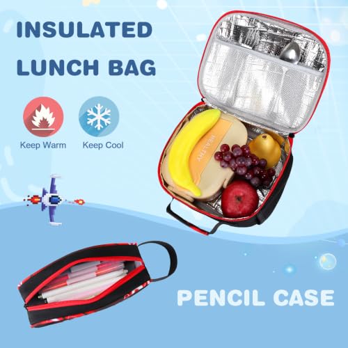 Bevalsa Kids Backpack for Boys with Bento Lunch Box, Insulated Bag & Utensils, 43oz Lunch Containers, Gamer Backpack School Bags for Elementary Middle School Student (Red Lightning) - color: Red Lightning