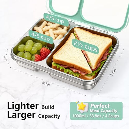 HOMEKOL Stainless Steel Bento Lunch Box 3-Compartment, 4.2Cups, Green | Leak-Proof Metal Lunch Container for Kids & Adults, BPA-Free, Dishwasher Safe, Clear Tritan Lid, 1000ml (Not Insulated) - color: Green, size: 34oz (1000ml)