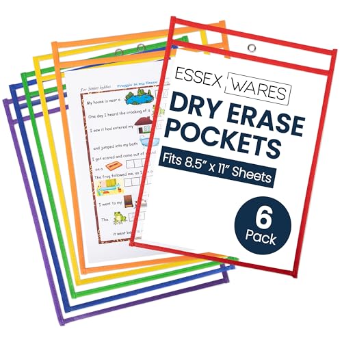 Essex Wares - 6 Pack, Assorted, Dry Erase Pocket Document Protectors, 10" Wide x 13.5" Tall- Dry Erase Clear Plastic Sleeves - Reusable & Easy Erase Plastic Invoice Holders, Water-Resistant & Durable - color: Assorted Colors